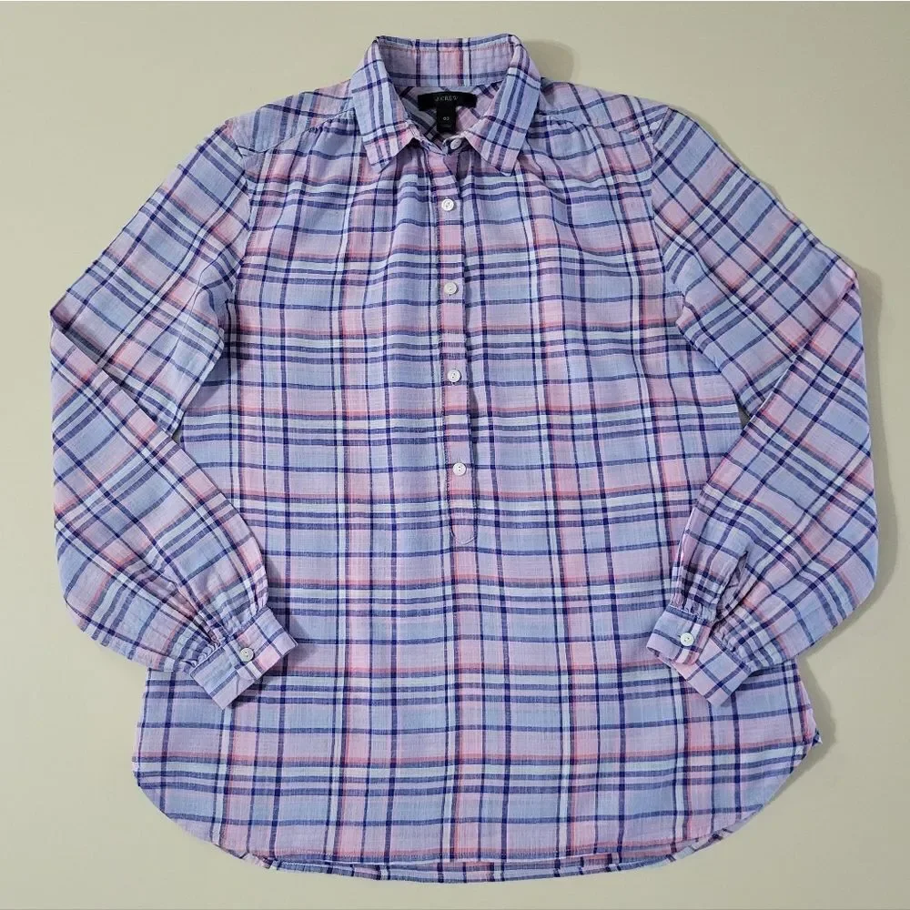 J. Crew Women's Gathered Henley Lilac Plaid Shirt